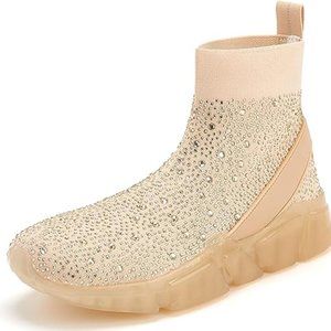 Women's Fashion Rhinestone Knit Slip On Sneakers Breathable Comfortable Glitter